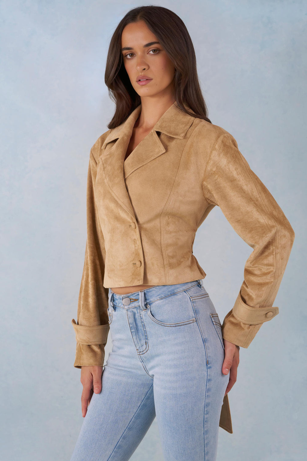 Faux Suede Cropped Belted Jacket in Tan