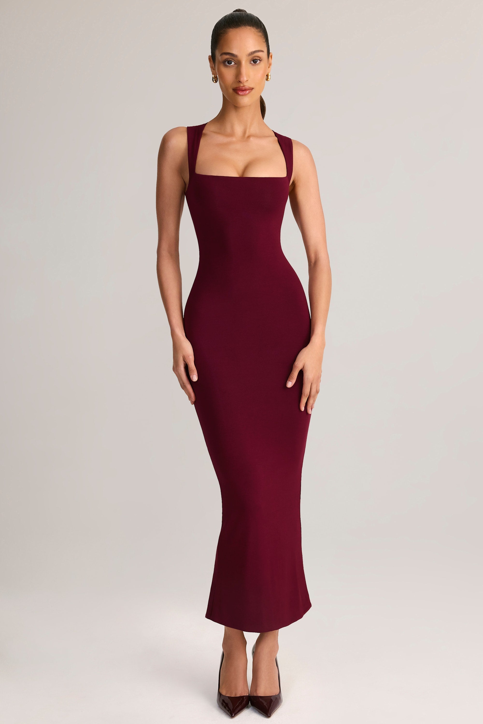 Modal Square-Neck Bodycon Midi Dress in Wine