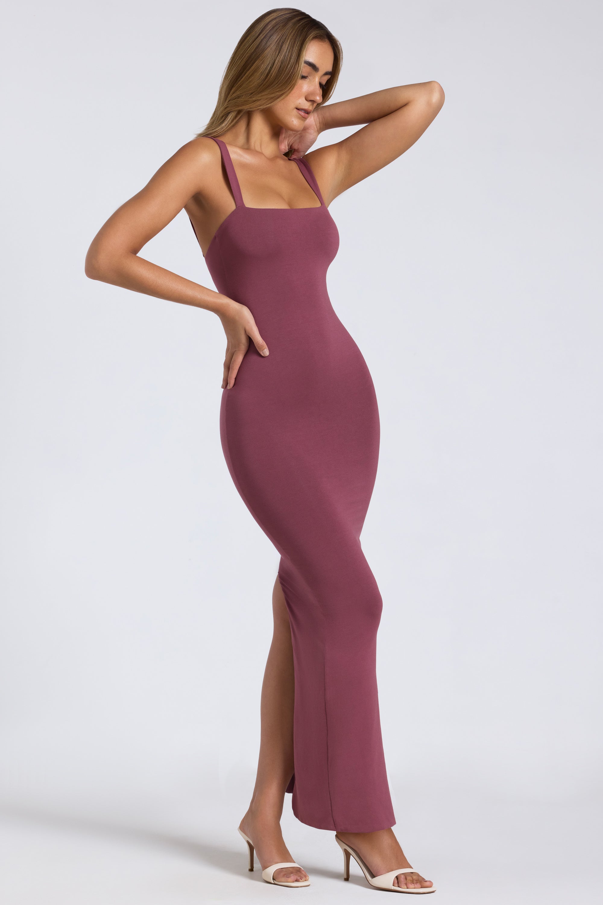 Modal Square-Neck Low Back Maxi Dress in Plum