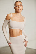 Asymmetric Long Sleeve Crop Top in Praline