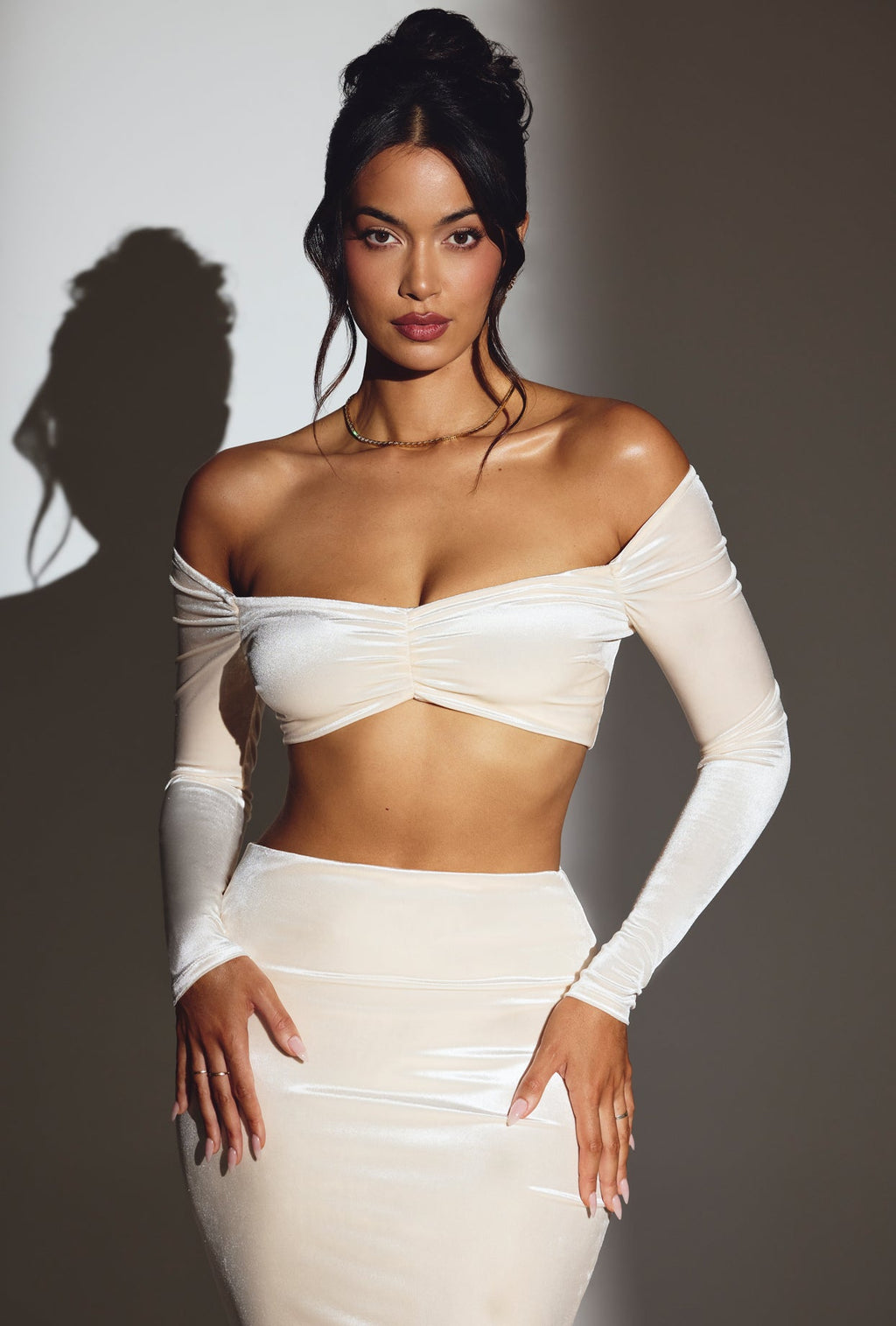 Velvet Off-Shoulder Ruched Crop Top in Ivory