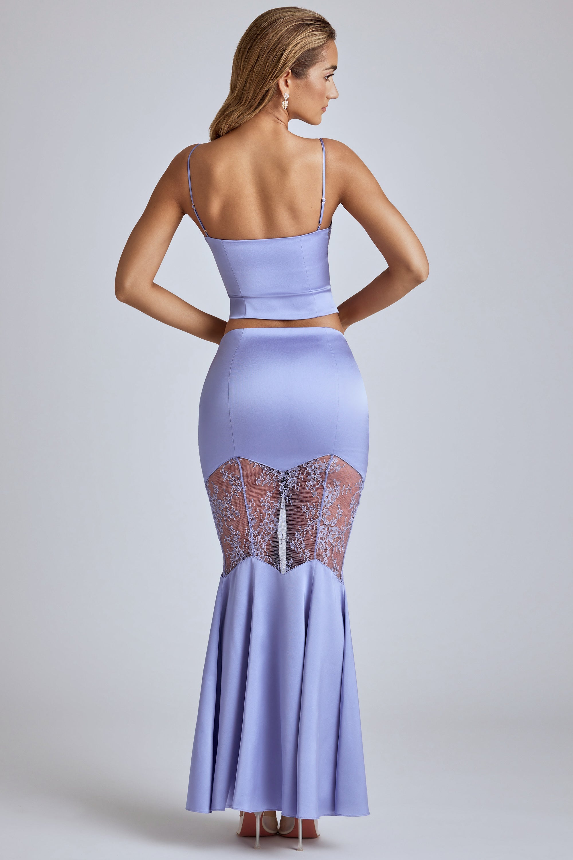 Lace Panel Fishtail Maxi Skirt in Blue Lavender