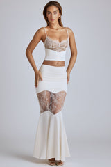 Lace Panel Fishtail Maxi Skirt in Ivory