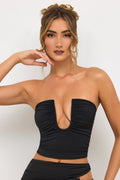 Jersey Strapless Plunge Neck Top in Black