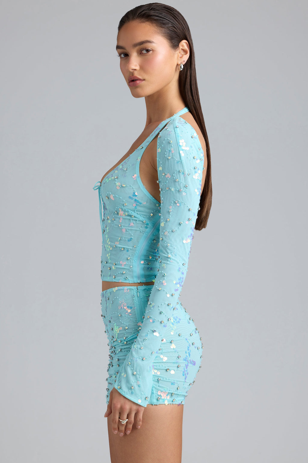 Embellished Cut-Out Halterneck Top in Ice Blue