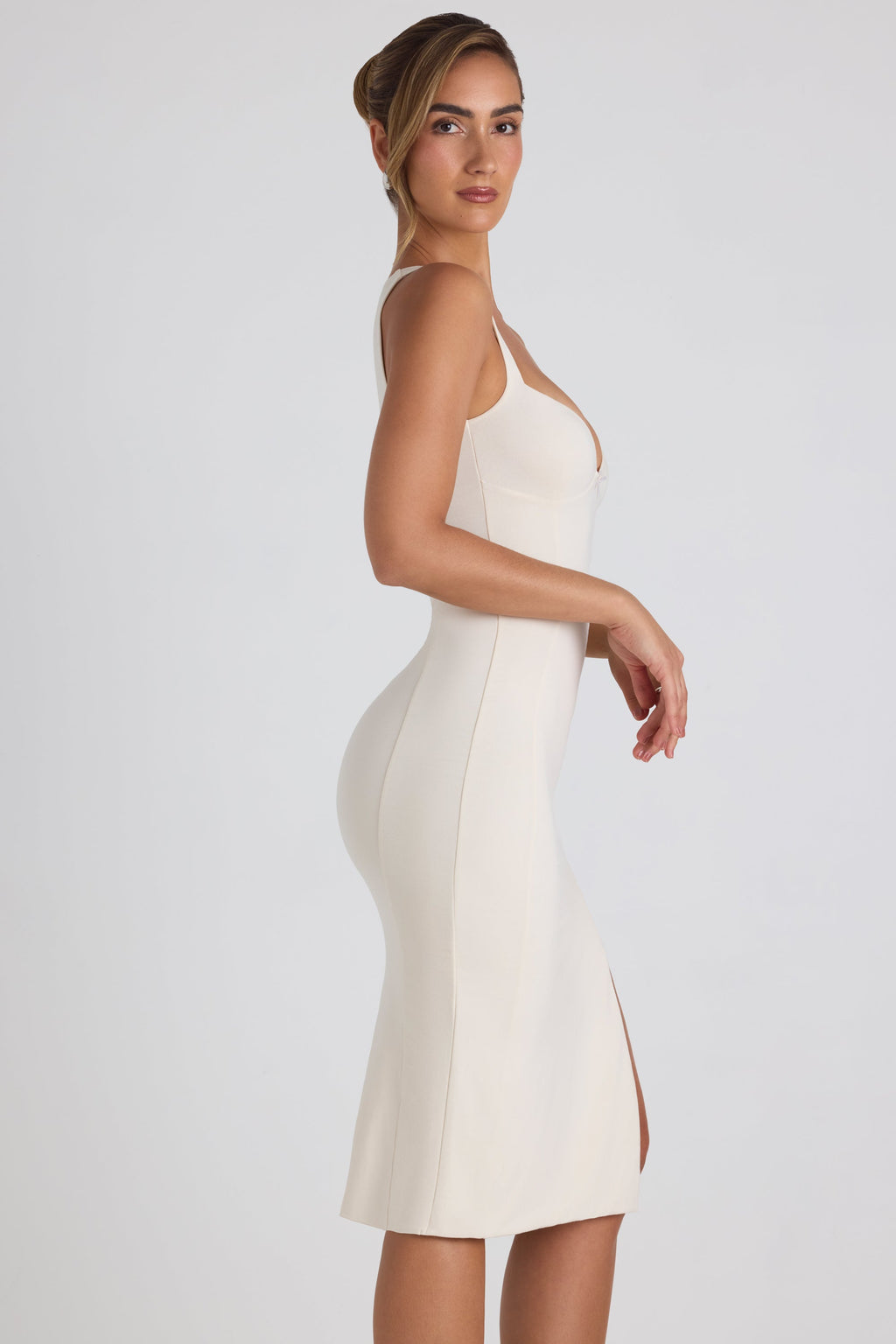 Modal Bow-Detail Sweetheart-Neck Midi Dress in Ivory