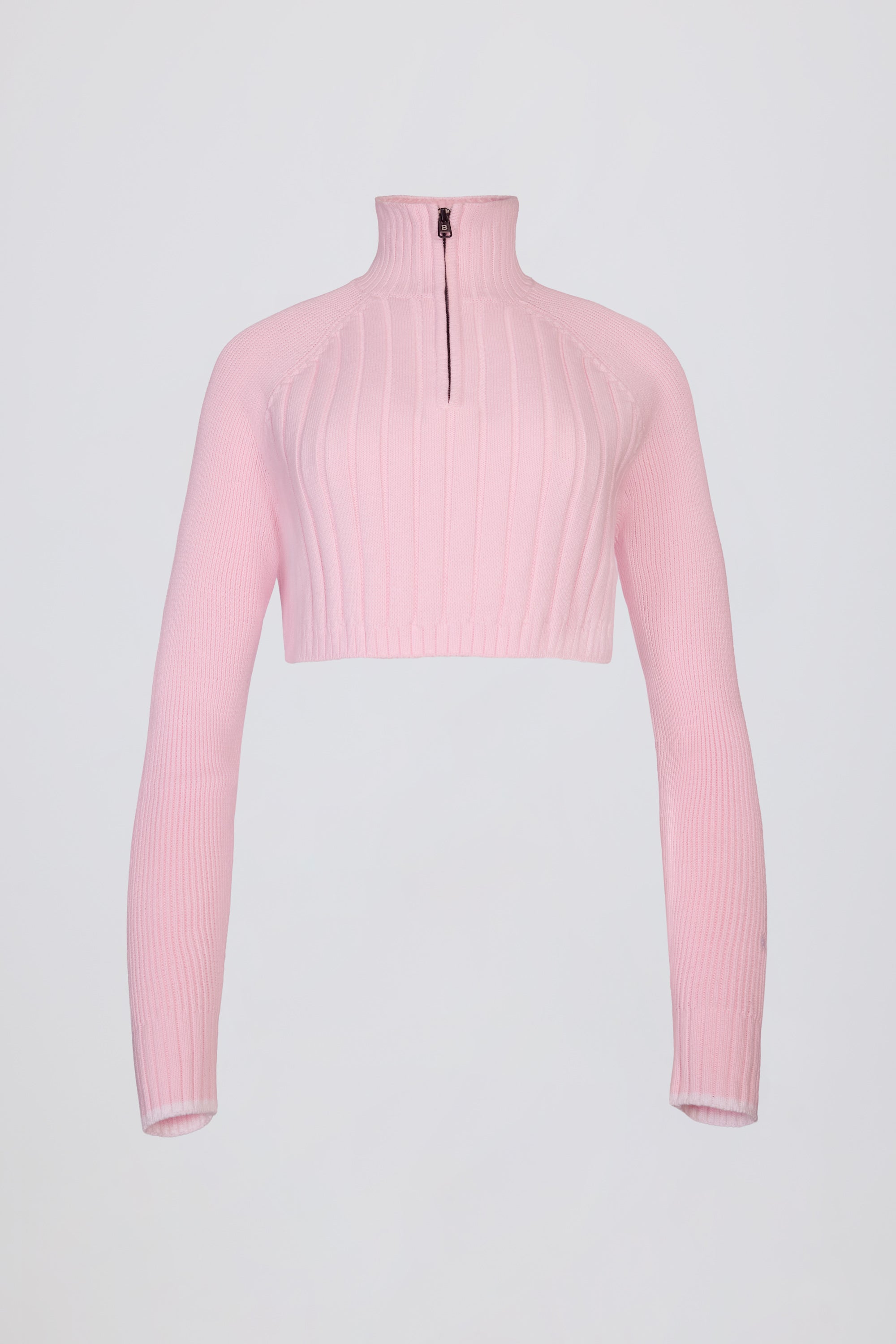 Ribbed Knit Quarter-Zip Cropped Jumper in Powder Pink