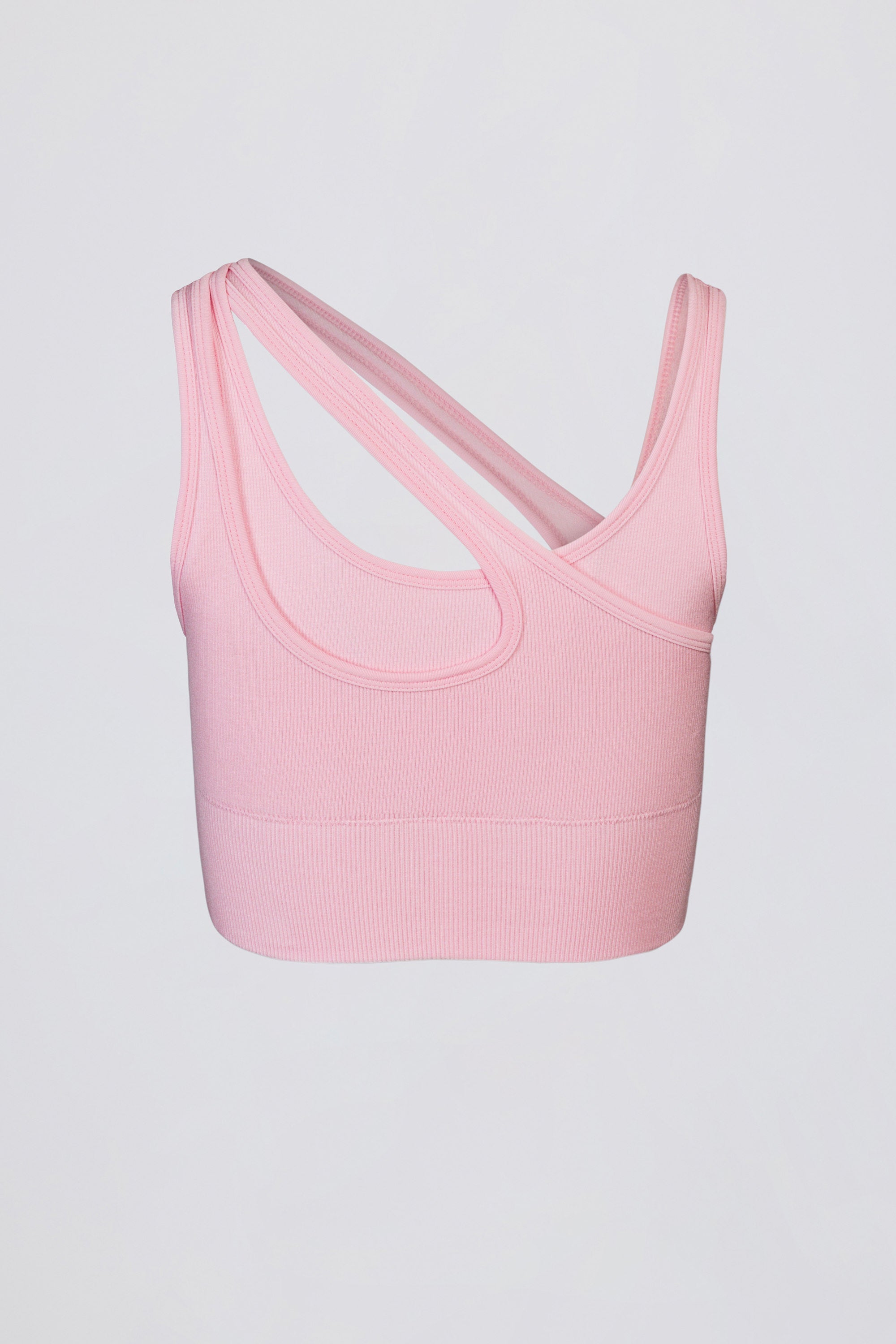 Seamless Soft Rib Asymmetric Sports Bra in Powder Pink