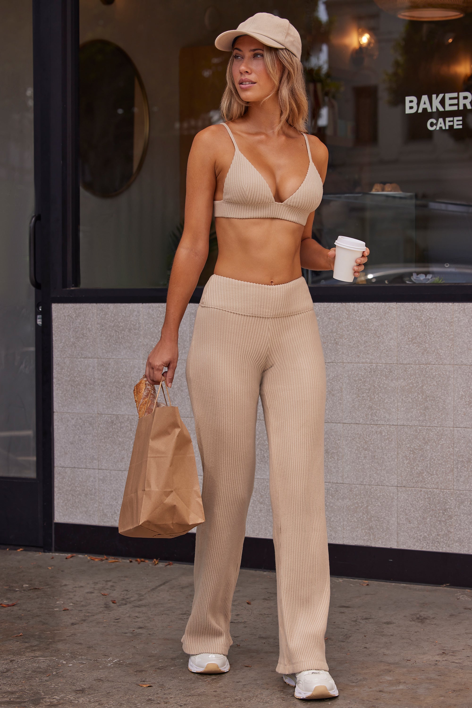Soft Rib High Waist Fold Over Trousers in Beige Sand