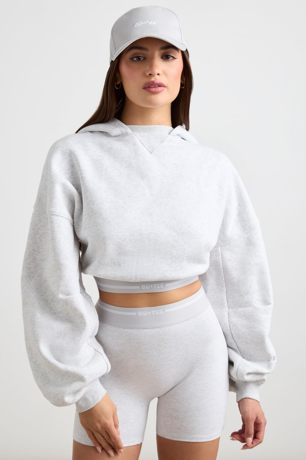 Stretch Cotton Fleece Cropped Hoodie in Grey Marl