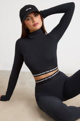 Backless Turtleneck Long-Sleeve Crop Top in Black