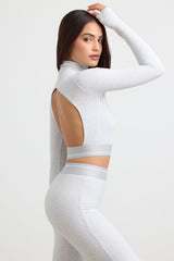 Backless Turtleneck Long-Sleeve Crop Top in Grey Marl