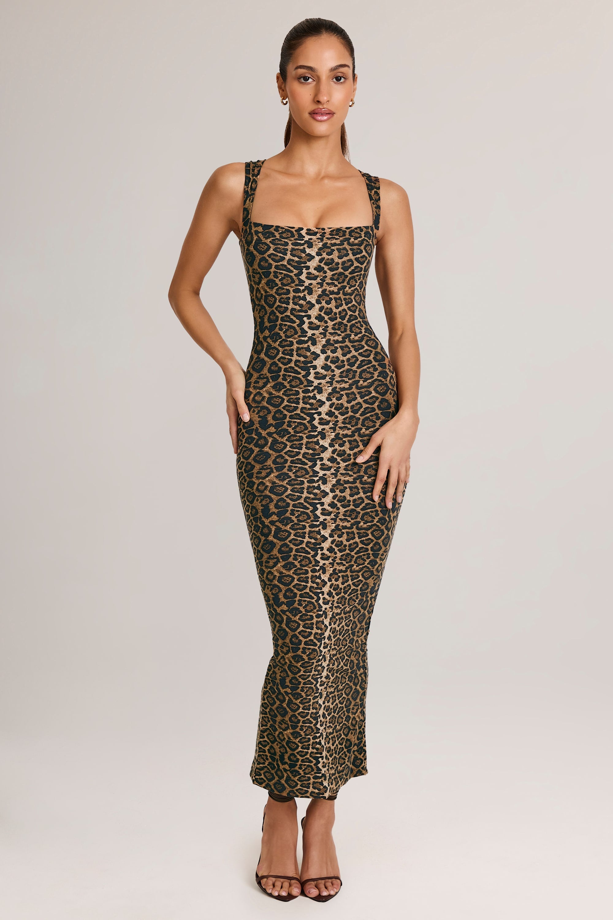 Modal Square-Neck Bodycon Midi Dress in Leopard Print