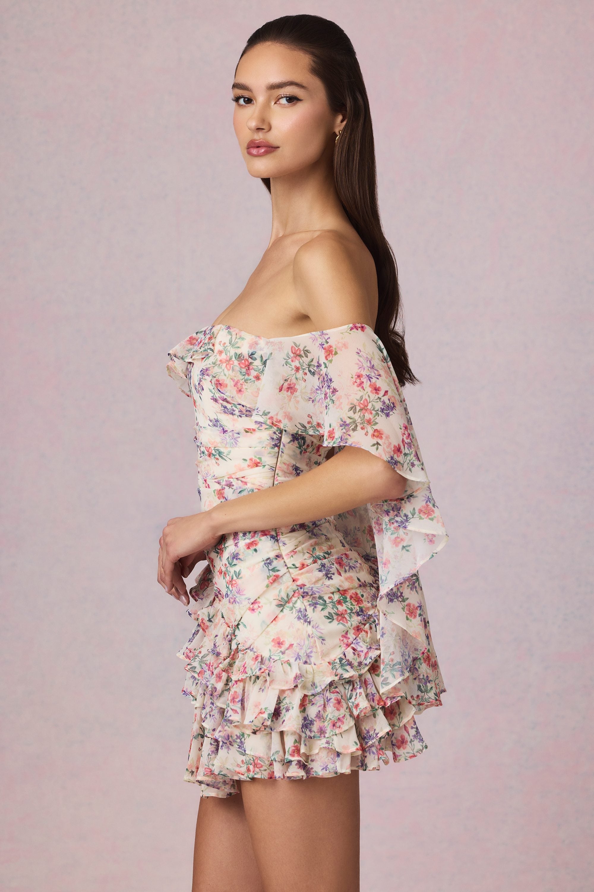 Off-Shoulder Ruffled Mini Dress in Primrose Floral Print