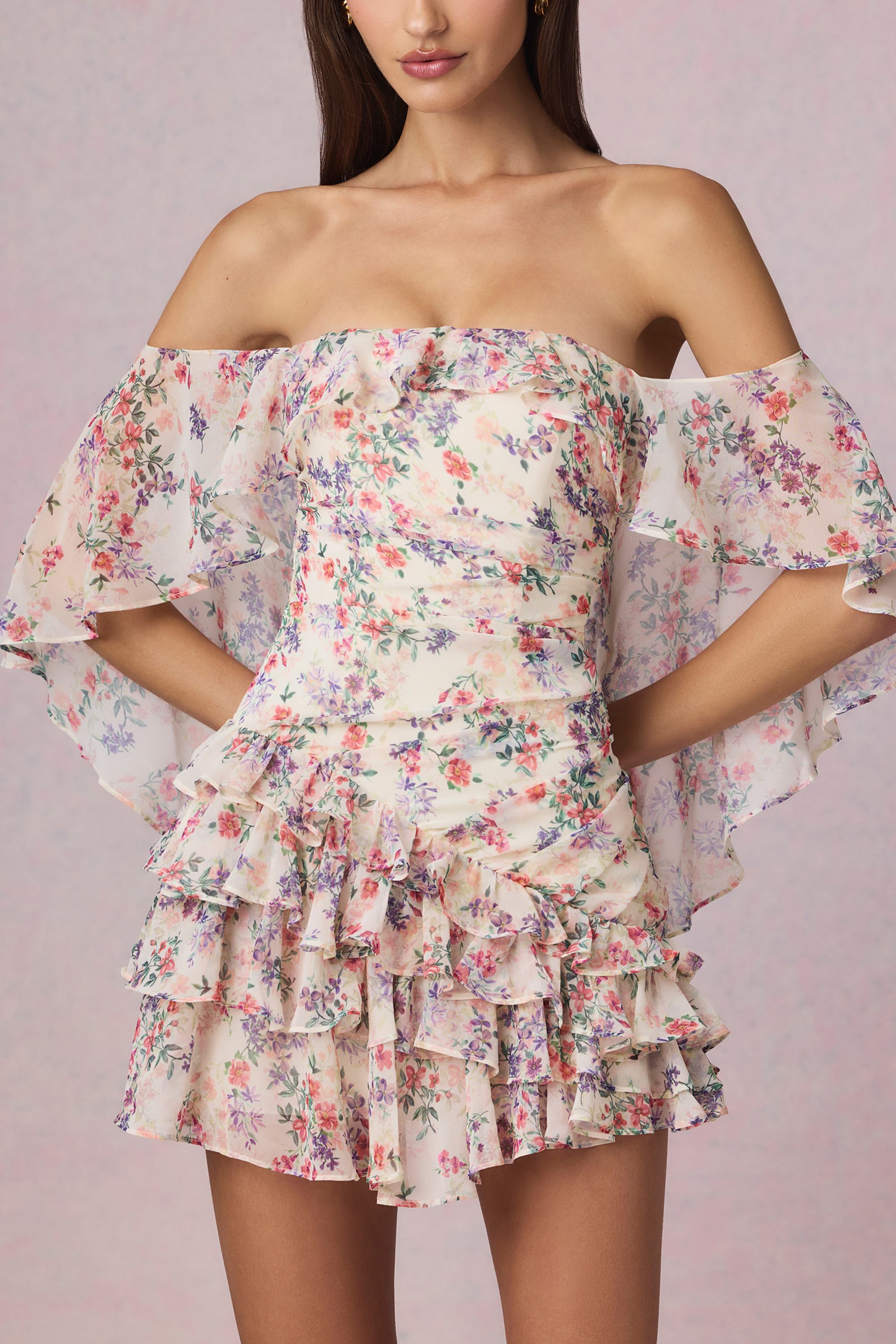 Off-Shoulder Ruffled Mini Dress in Primrose Floral Print