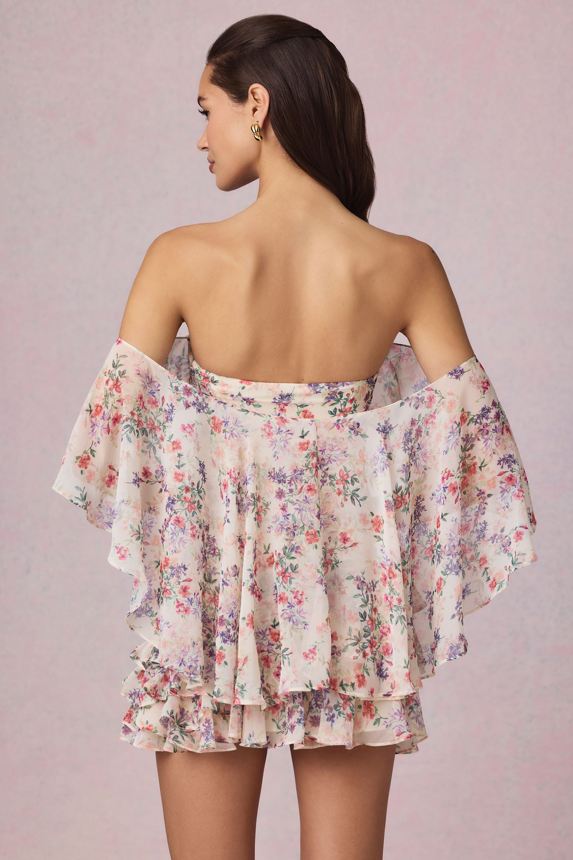 Off-Shoulder Ruffled Mini Dress in Primrose Floral Print