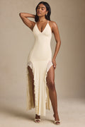 Ruched Ruffle-Trim Maxi Dress in Ivory