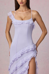Asymmetric Ruffled Lace-Up Gown in Lilac