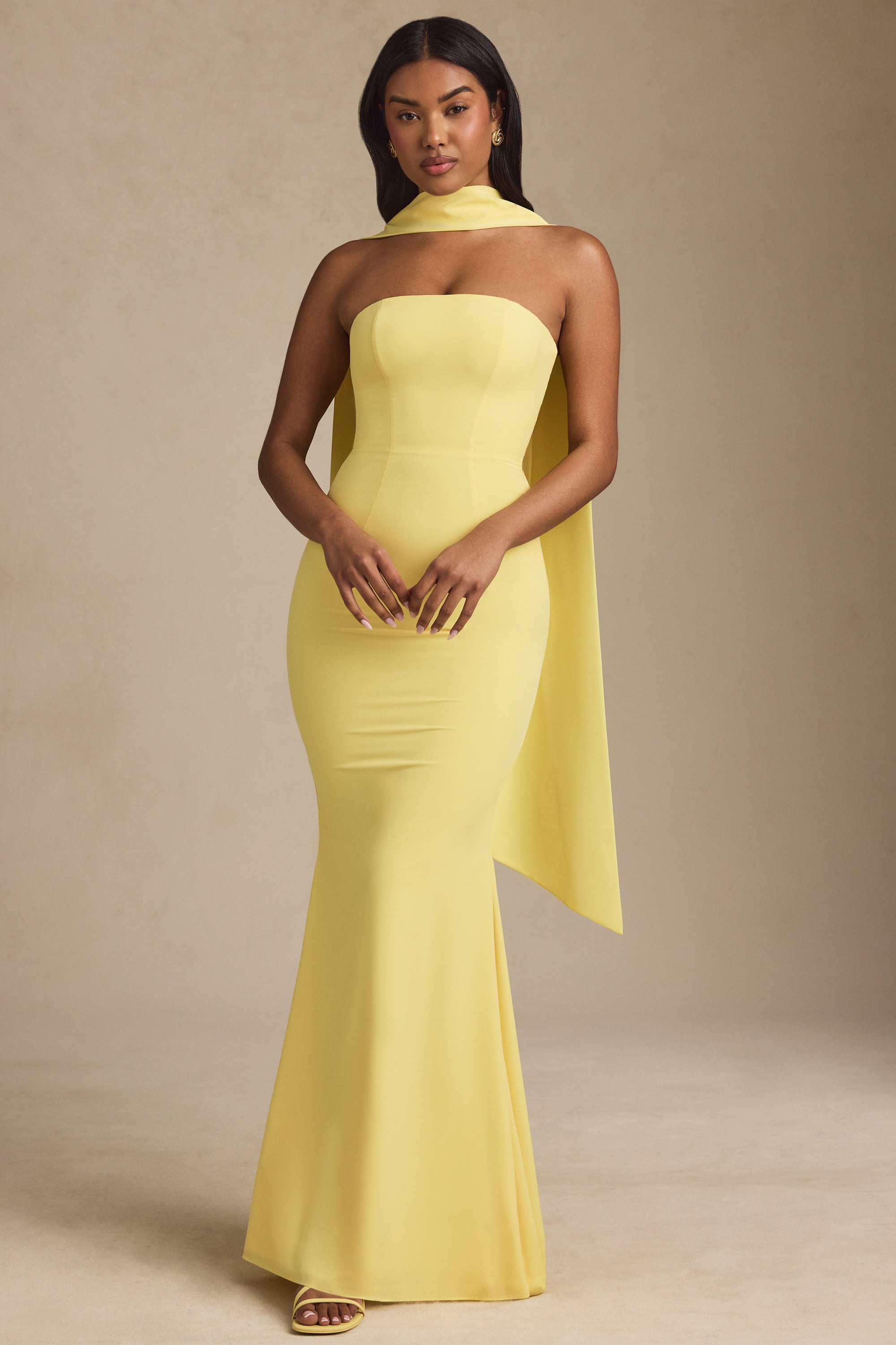 Scarf-Detail Strapless Gown in Pastel Yellow