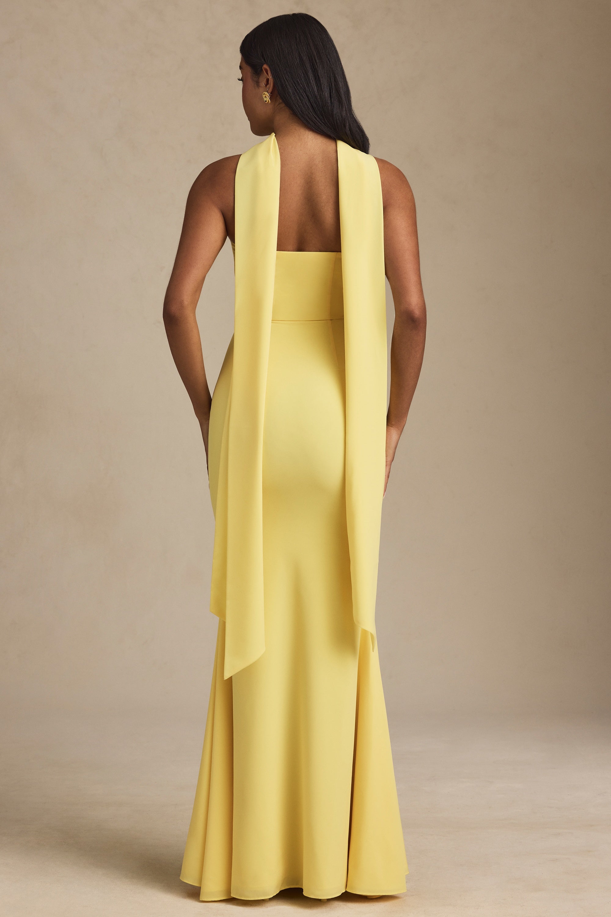 Scarf-Detail Strapless Gown in Pastel Yellow