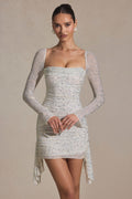 Embellished Draped Cowl-Neck Mini Dress in White