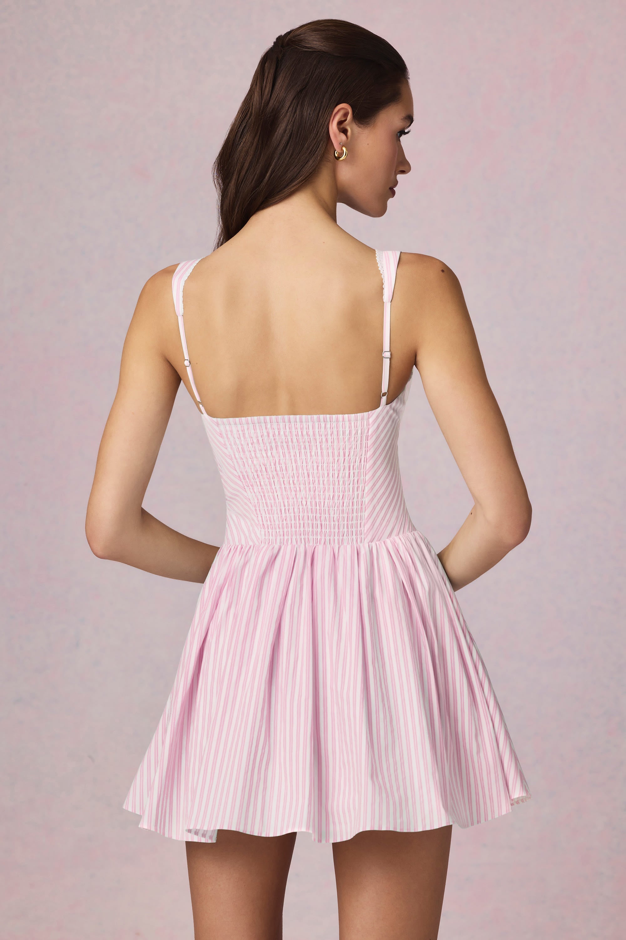 Bow-Detail A-Line Mini Dress in Soft Mauve Stripe