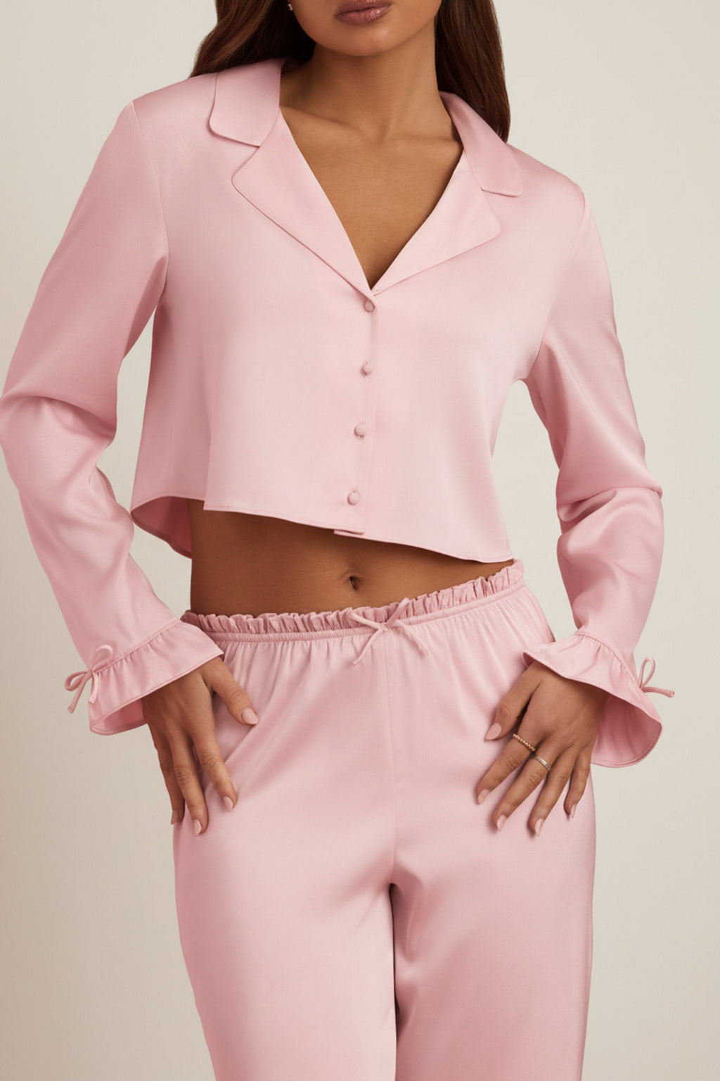 Ruffle-Trim Cropped Pyjama Top in Baby Pink