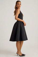 Halterneck Bow-Detail Midi Dress in Black