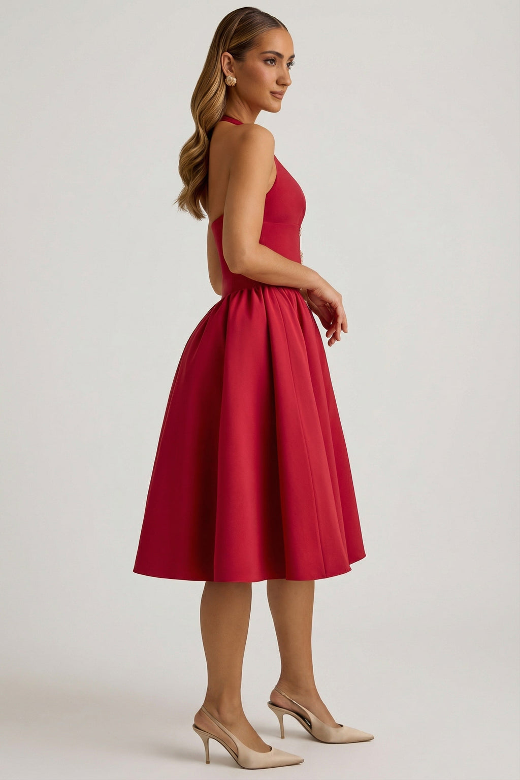 Halterneck Bow-Detail Midi Dress in True Red
