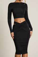 Cut-Out Draped High-Rise Midi Skirt in Black