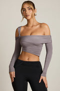 Asymmetric Off-Shoulder Draped Top in Steel Grey
