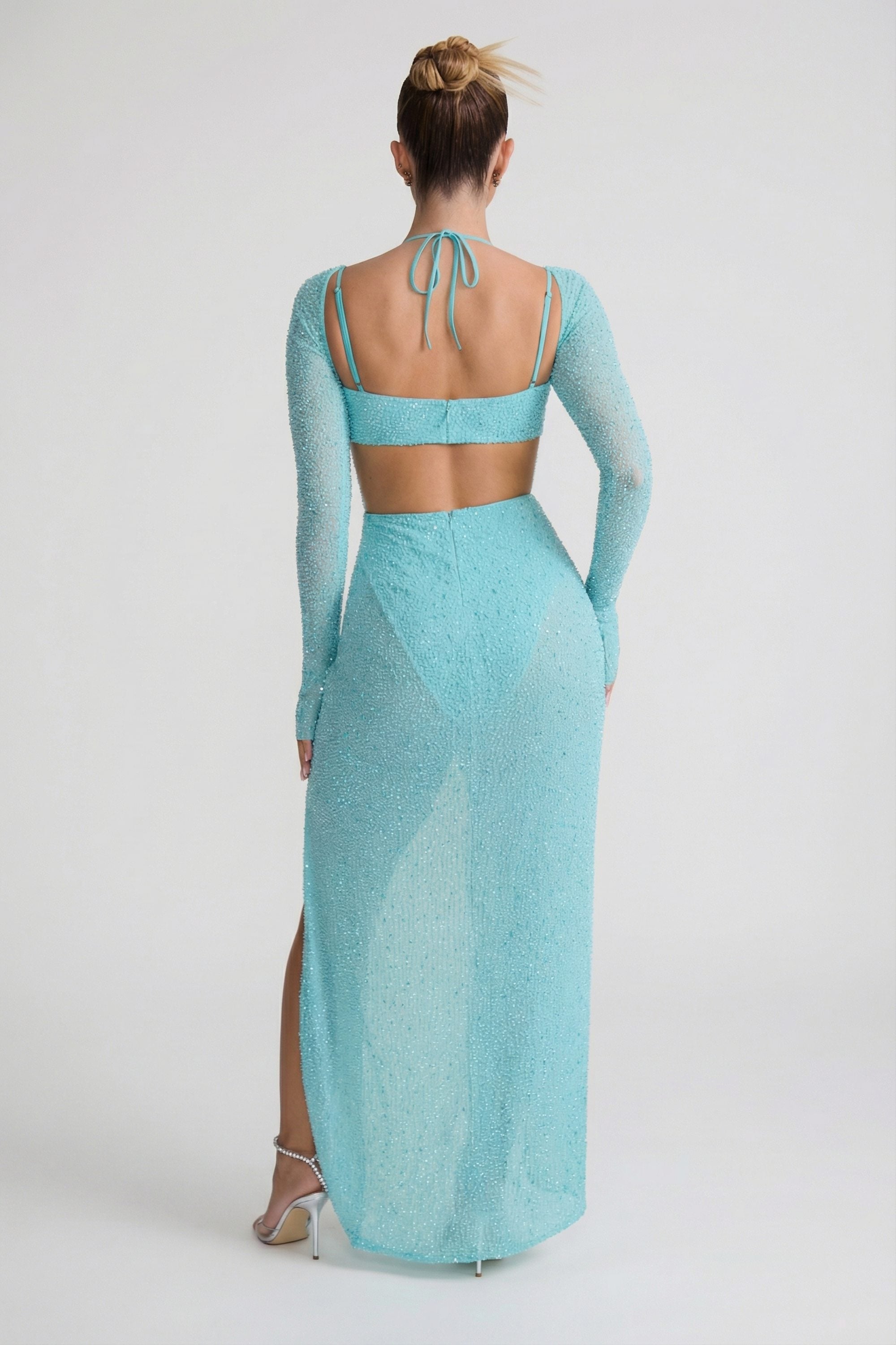 Embellished Cowl Neck Maxi Dress in Aqua