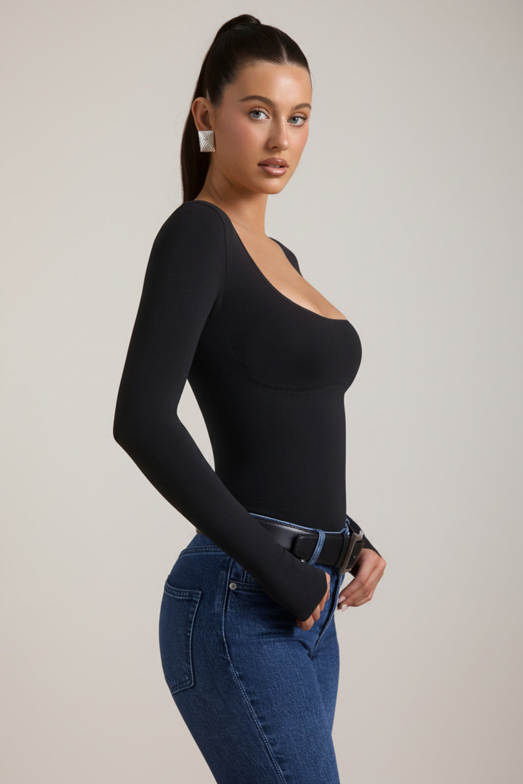 Seamless Long-Sleeve Bodysuit in Black