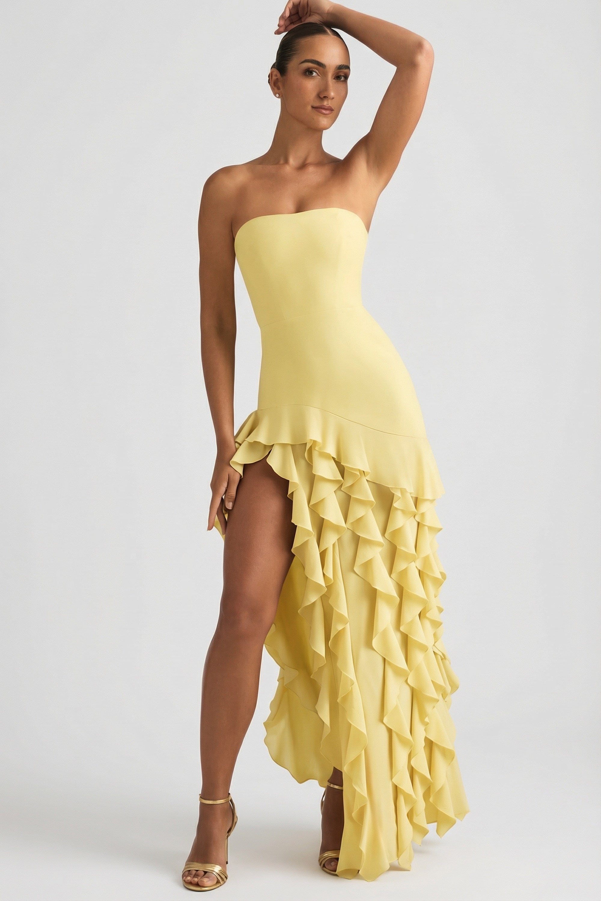 Ruffle-Trim Strapless Gown in Pastel Yellow