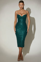Embellished Sweetheart-Neck Midi Dress in Teal Green