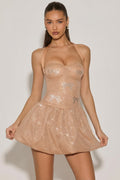 Embellished Halterneck Bubble Hem Mini Dress in Almond