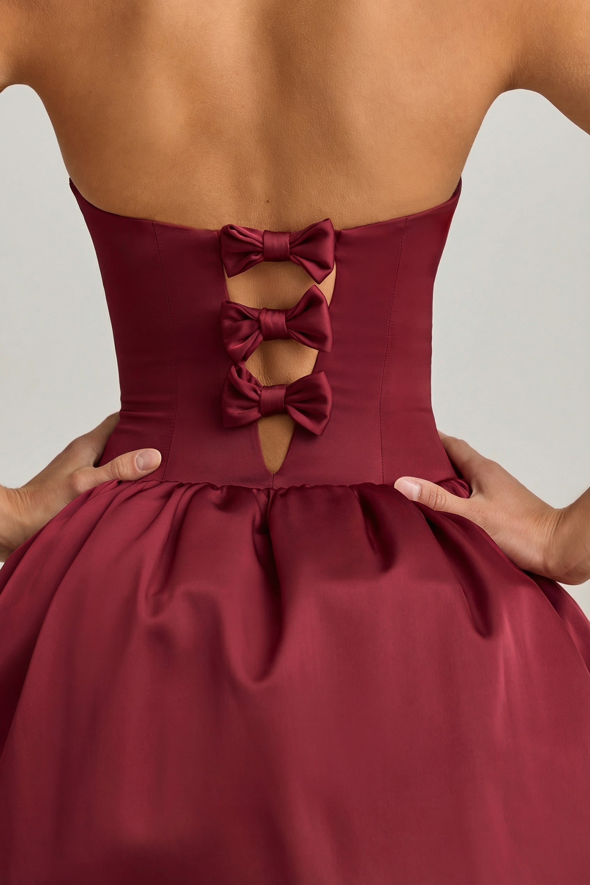 Convertible Bow-Detail Bubble Hem Midaxi Dress in Wine Red