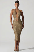 Embellished Cut-Out Open-Back Midaxi Dress in Gold