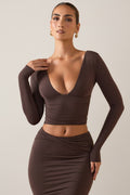 Modal Plunge Long-Sleeve Top in Chocolate Brown