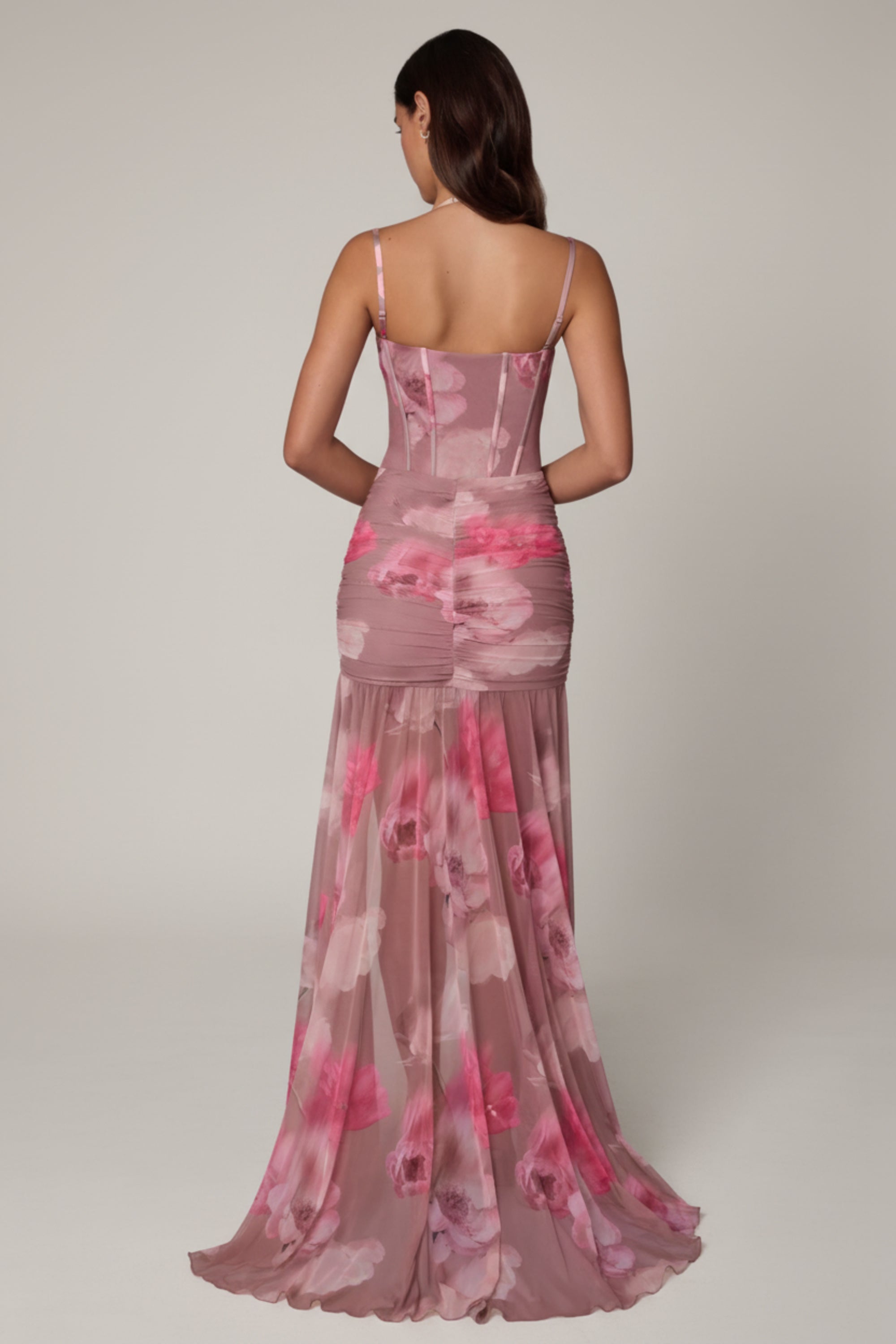 Ruched Asymmetric Corset Gown in Blurred Floral