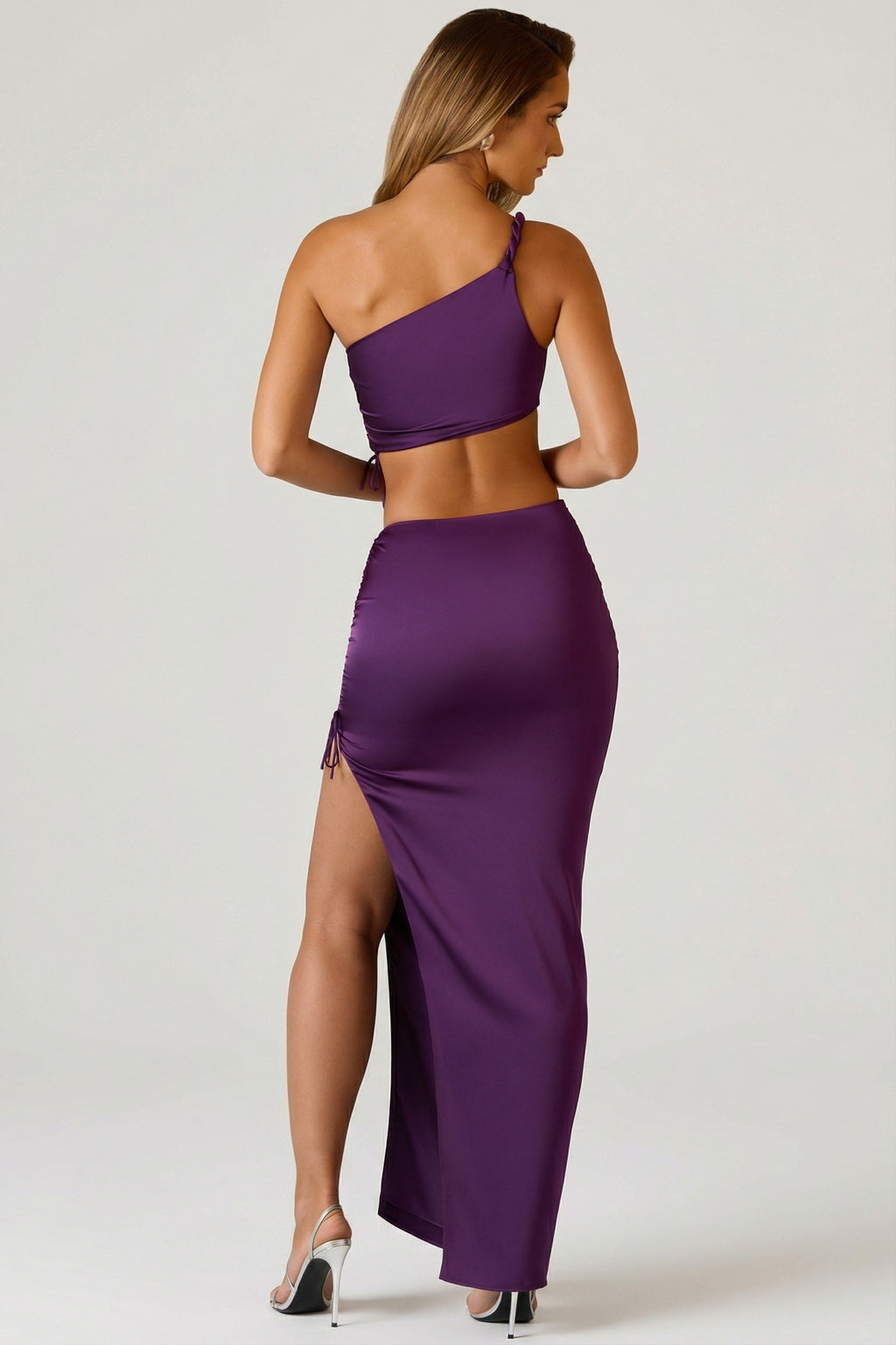 Ruched Asymmetric-Waist Maxi Skirt in Plum