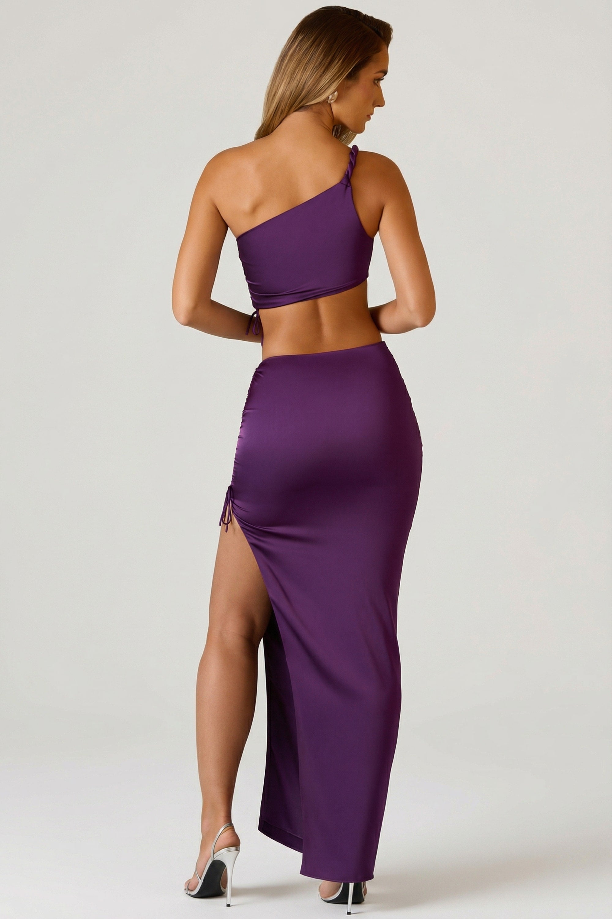 Ruched Asymmetric-Waist Maxi Skirt in Plum