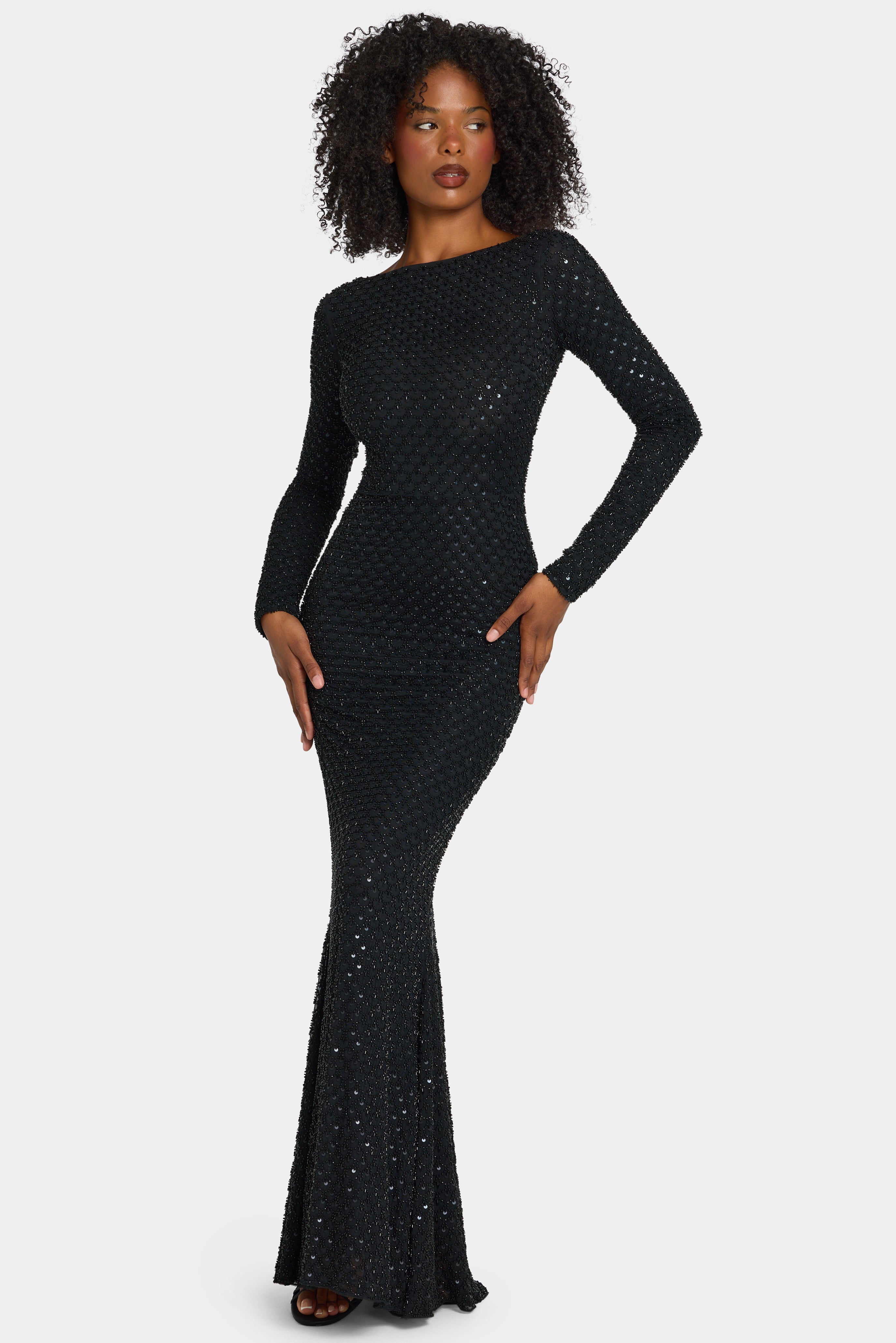 Embellished Open-Back Gown in Black
