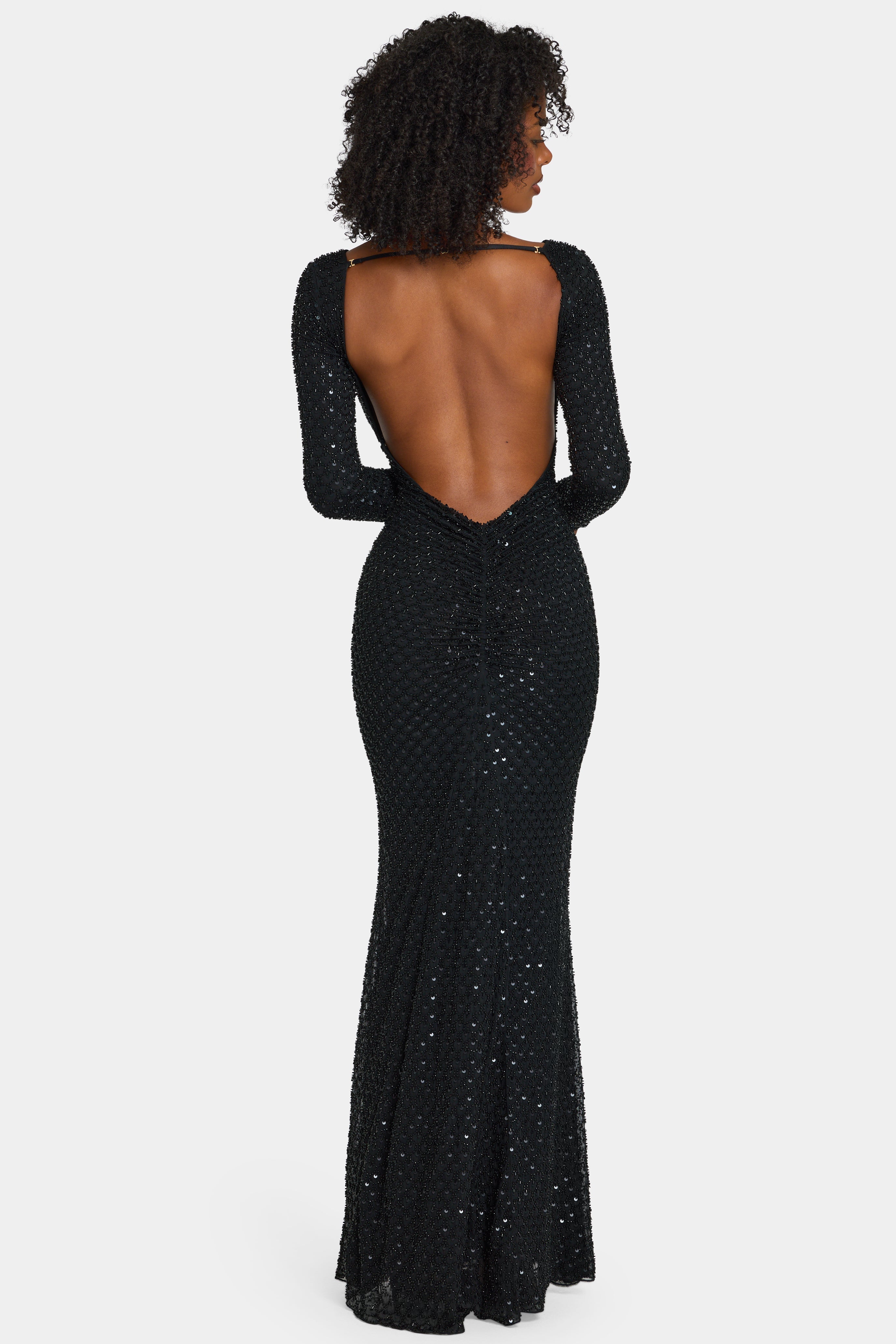 Embellished Open-Back Gown in Black
