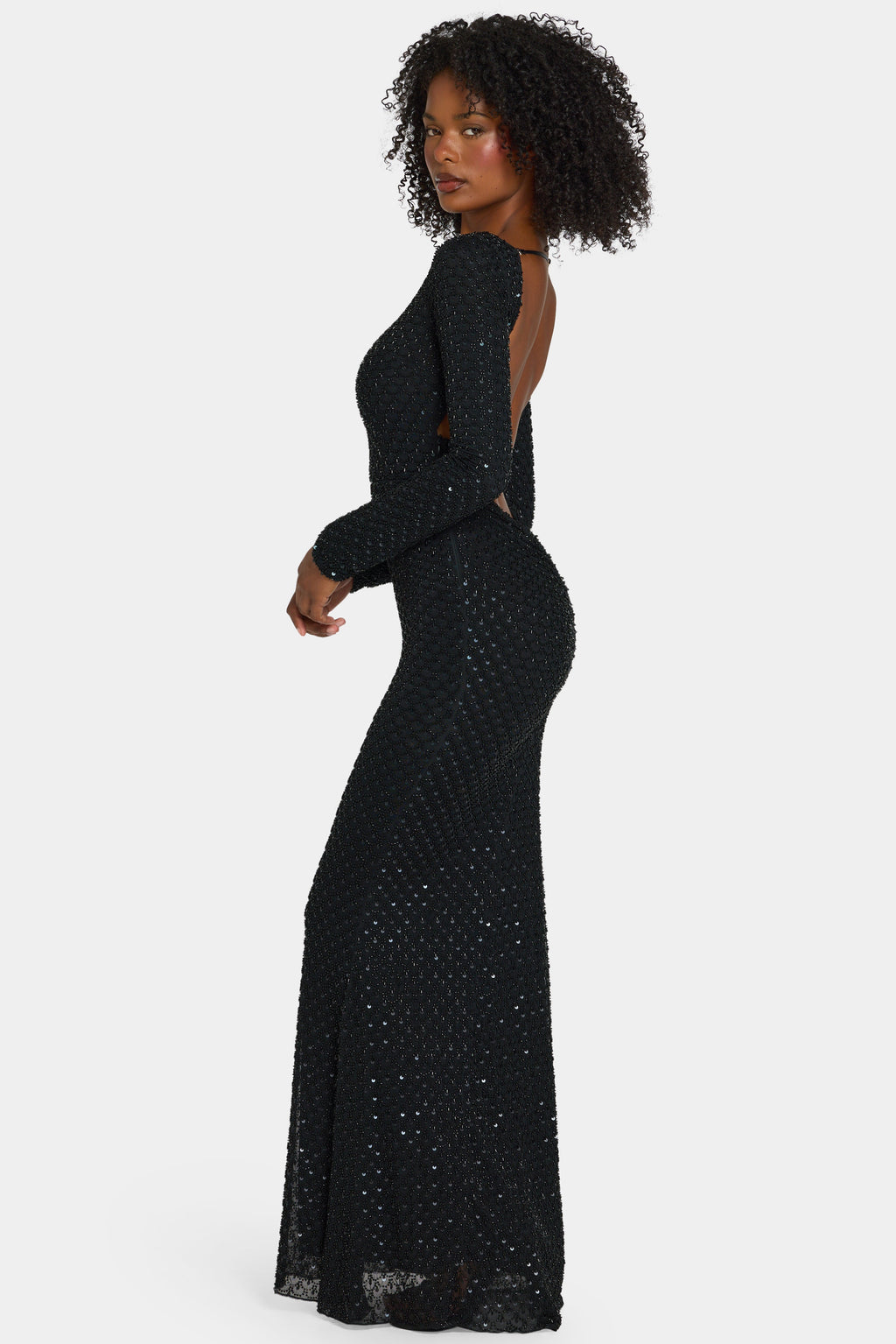 Embellished Open-Back Gown in Black