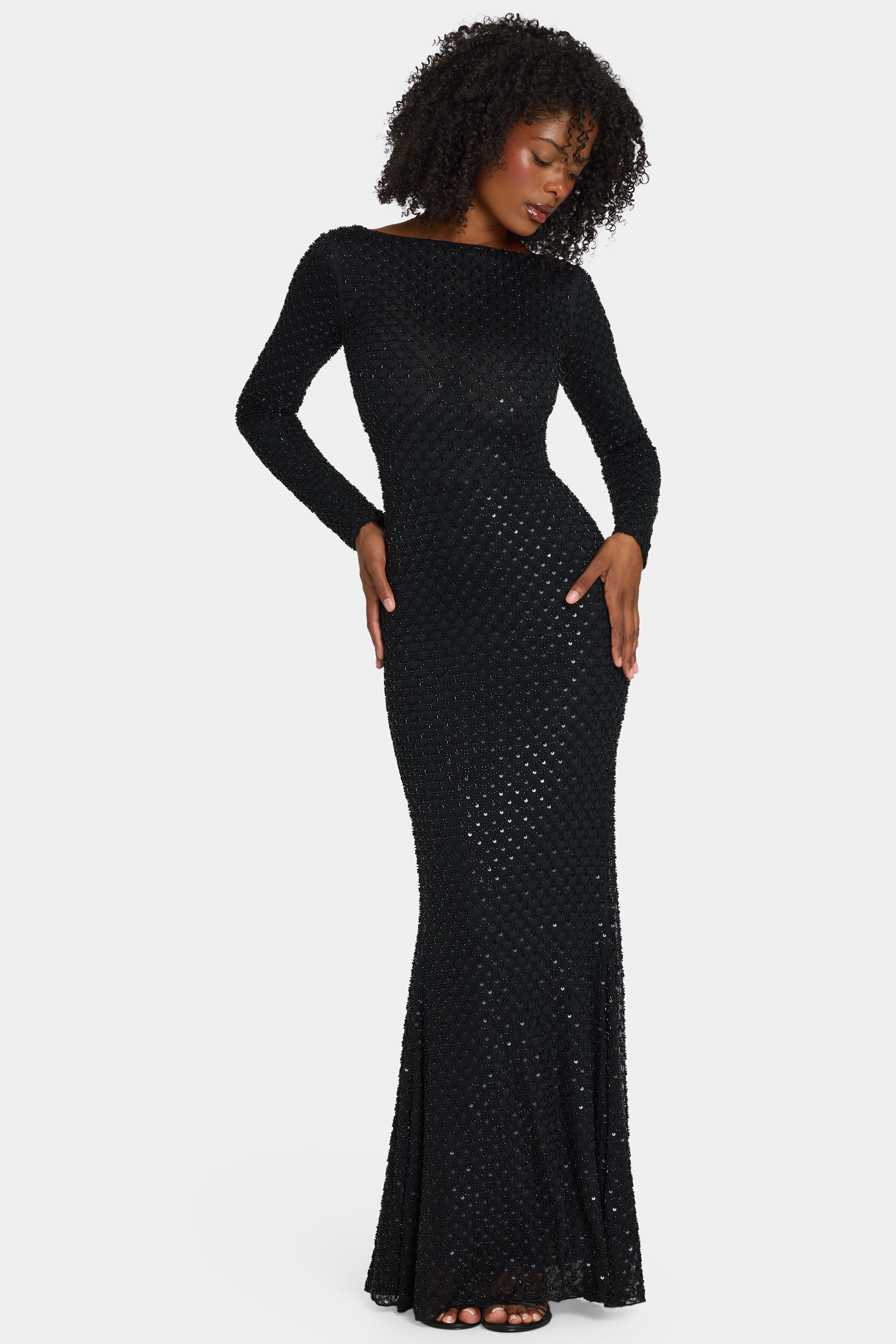 Embellished Open-Back Gown in Black