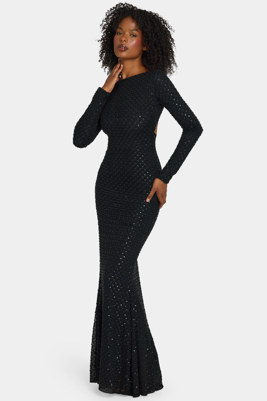 Embellished Open-Back Gown in Black