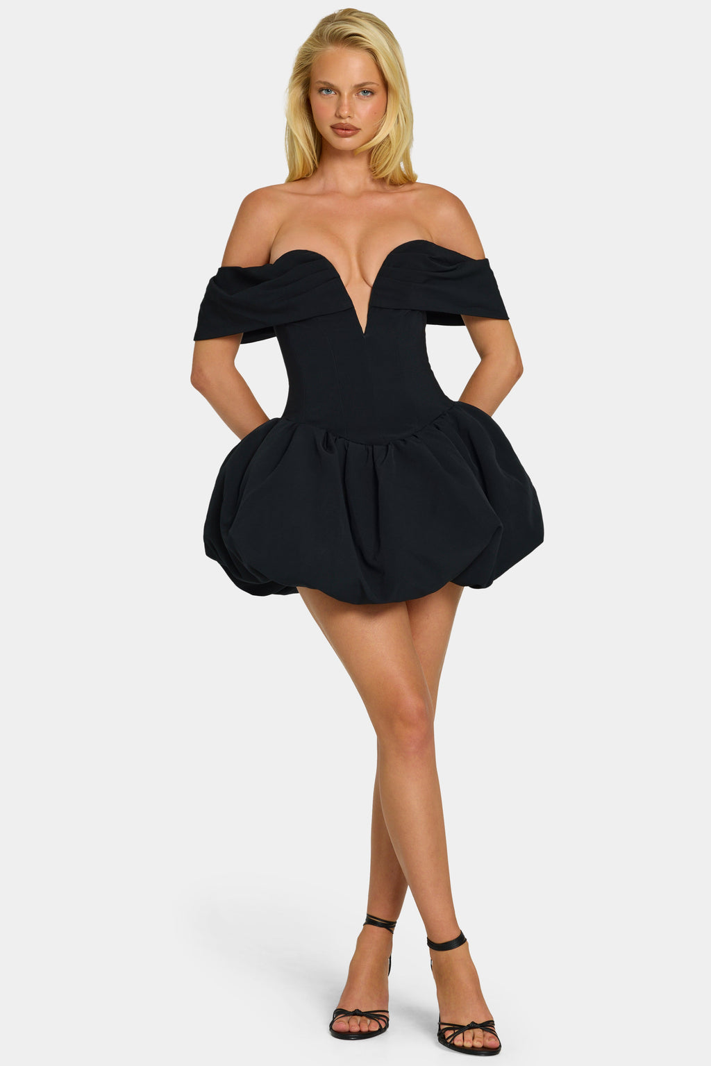 Off-Shoulder Layered Bubble Hem Corset Mini Dress in Black