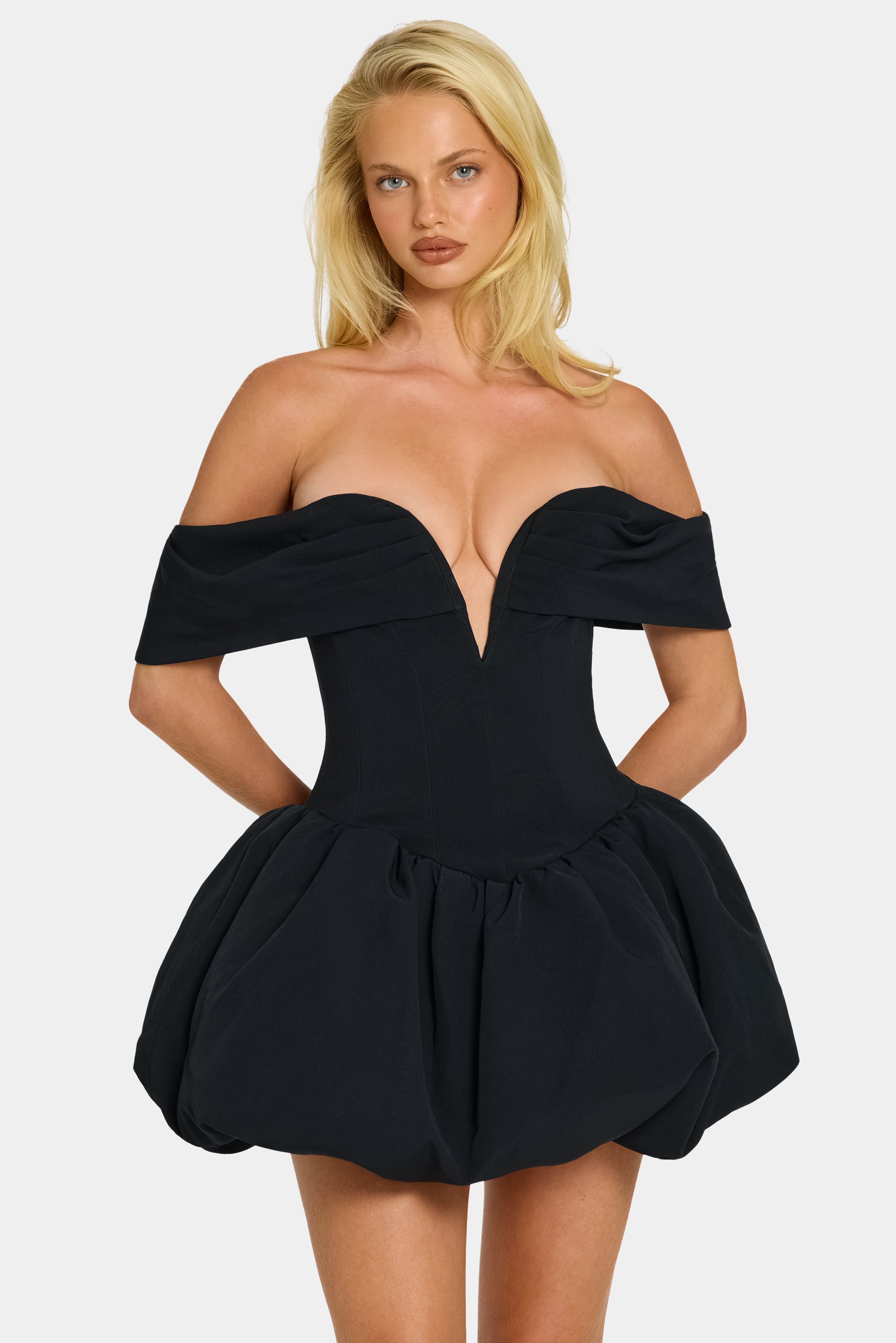 Off-Shoulder Layered Bubble Hem Corset Mini Dress in Black