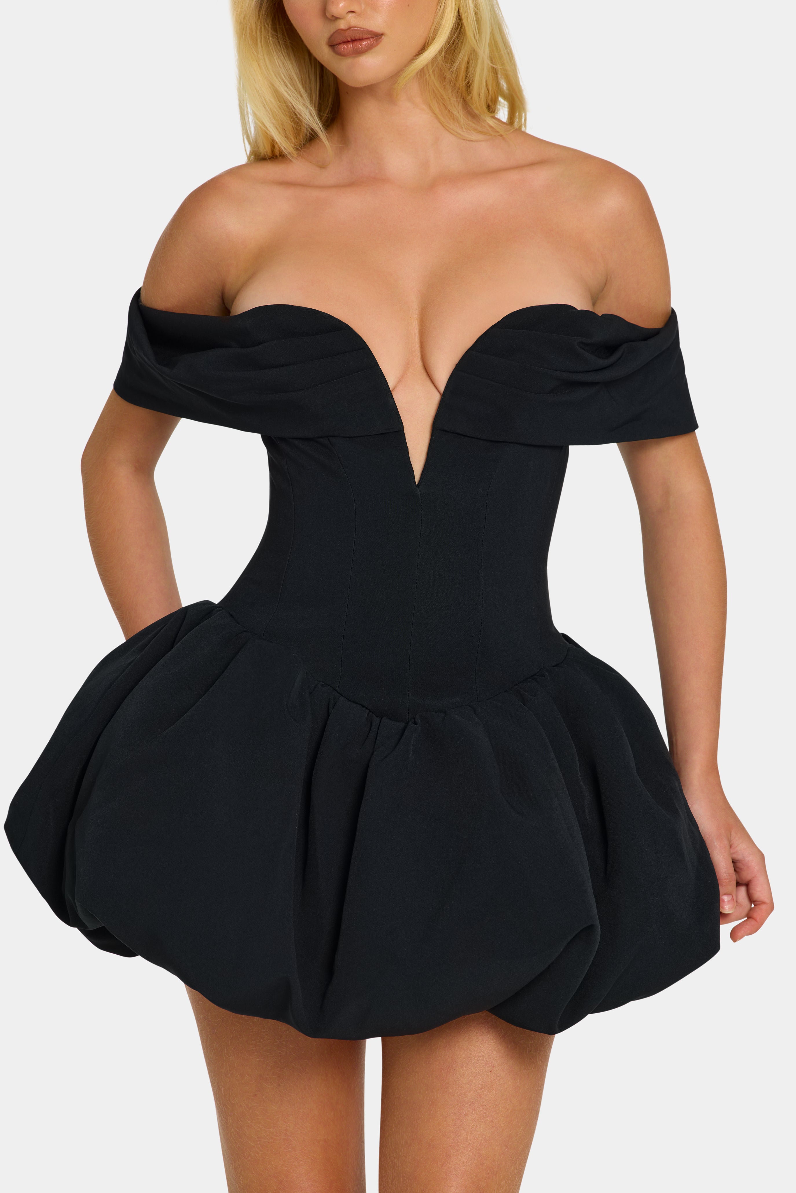 Off-Shoulder Layered Bubble Hem Corset Mini Dress in Black